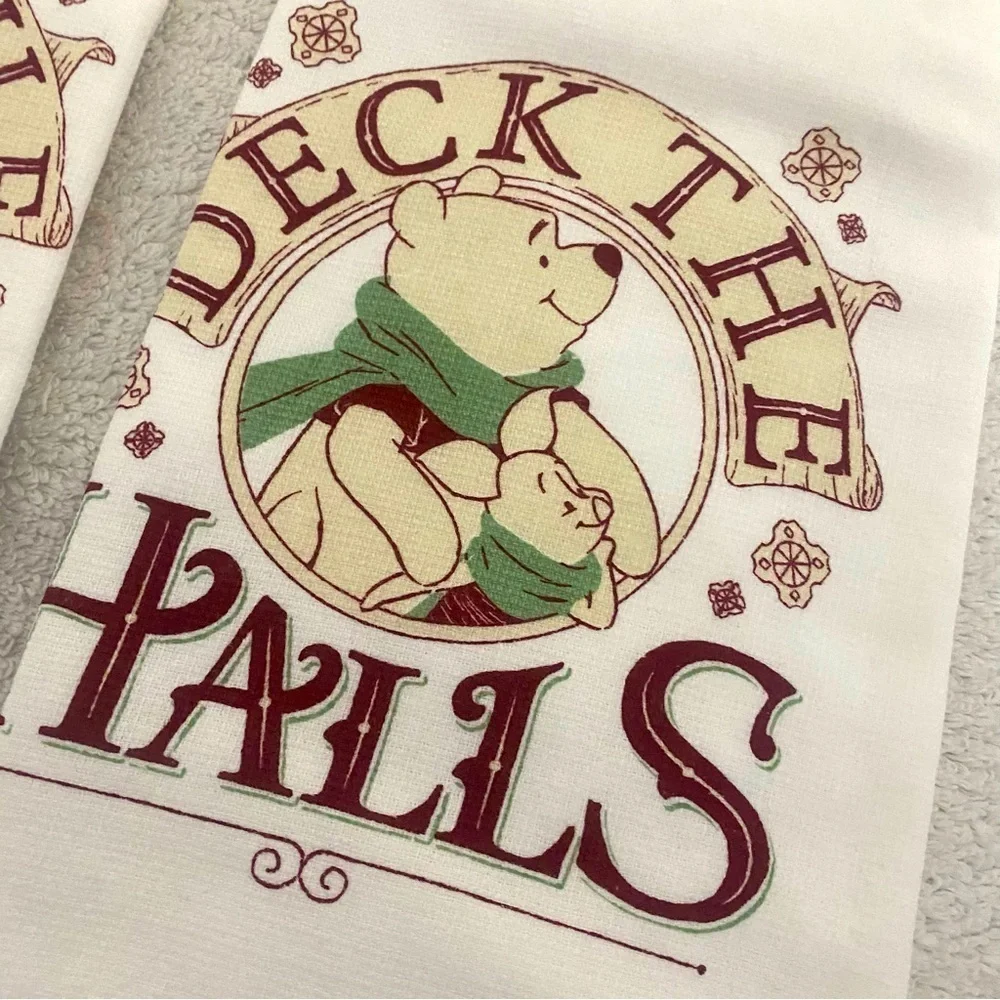 Winnie the Pooh 2 Piece Kitchen Dish Towel Set NWOT 100% Cotton “DECK THE HALLS”